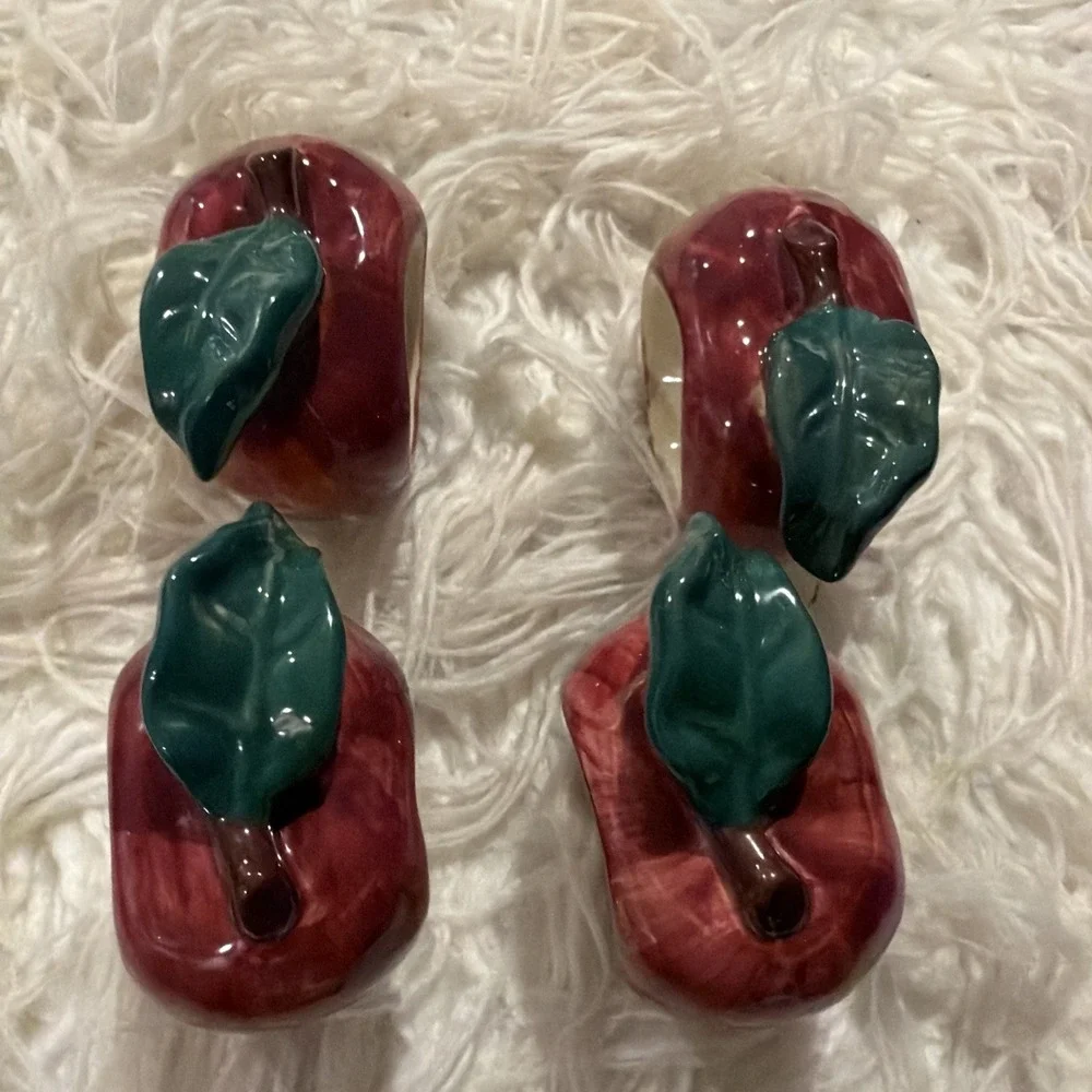 Vintage Set Of Four Hand-Painted Ceramic Red Apple Napkin Rings